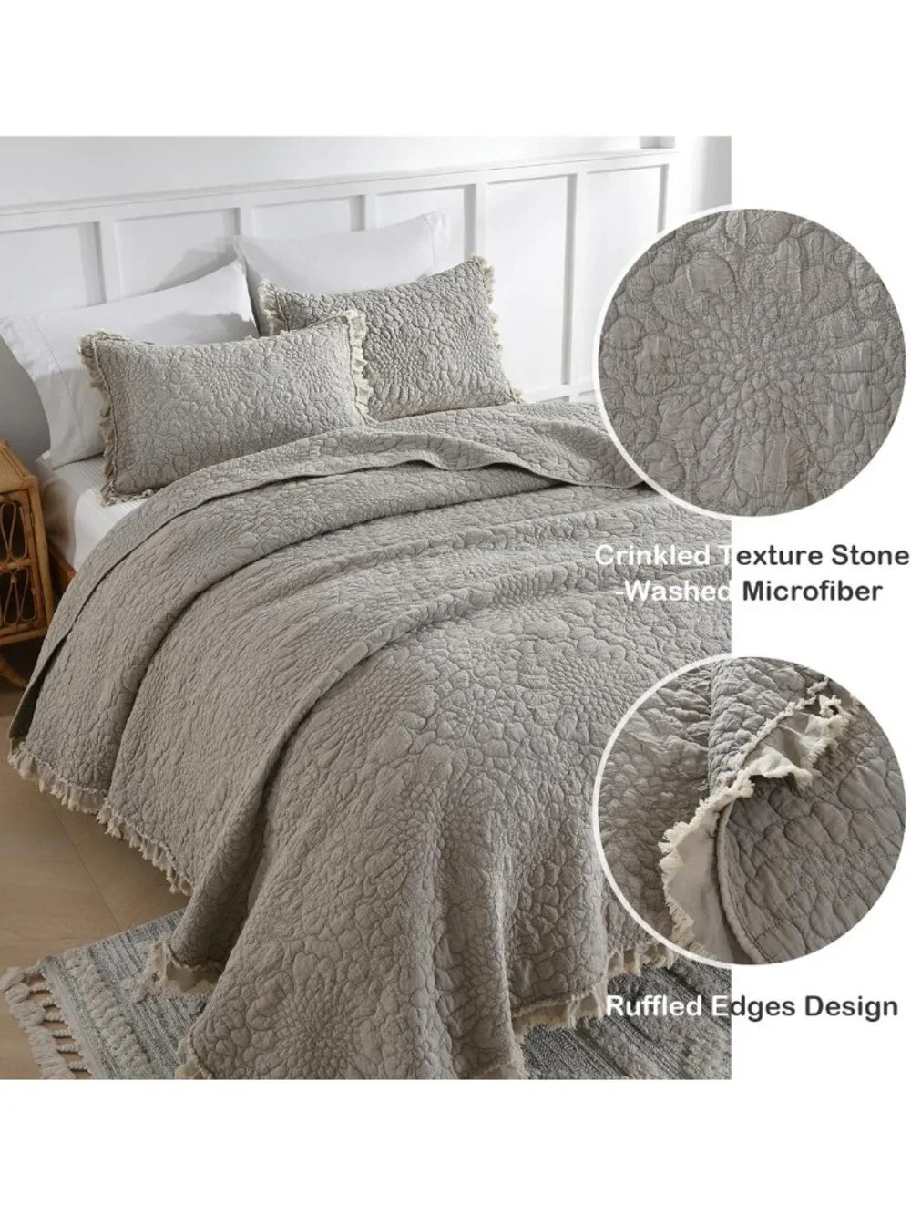 Beige Ruffled Queen Quilt Set - Lightweight Microfiber, Reversible Farmhouse